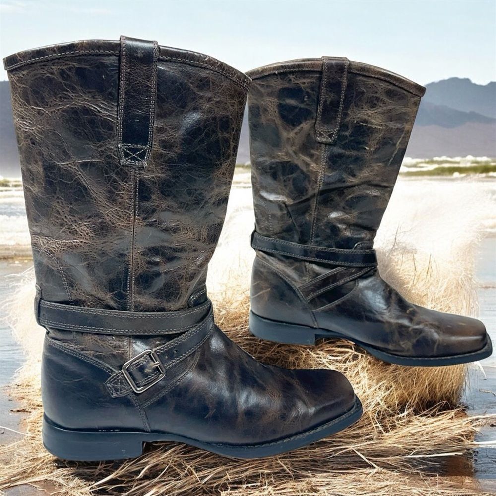 Durango Womens Crush Harness Leather BOOTS Sz 8 Grey Brown Western Biker Cowgirl